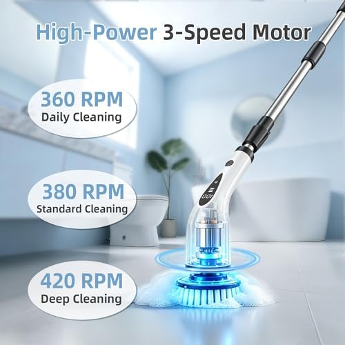 Electric Spin Scrubber, 3-Speed Flat End Brush with 8 Brush Heads & Base, IPX7 Waterproof, Adjustable Long Handle, Digital Display, 2500mAh Fast Charging, for Bathroom, Tub, Tile, Floor - Image 2