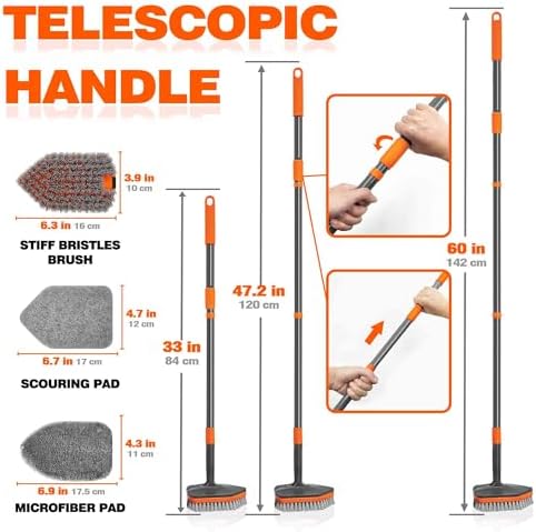 NEWE Shower Cleaner Brush, Tub Tile Scrubber with Telescopic Long Handle 56 inches, 4 Scrub Heads for Cleaning Bathroom Bathtub Floor Baseboard Sink Kitchen Toilet - Image 2