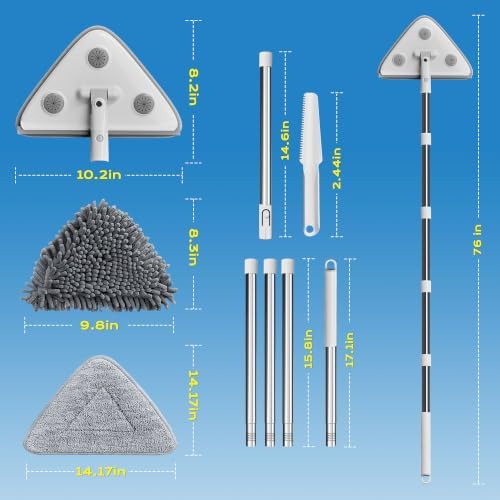 Wall Cleaner Mop with Long Handle, 75-Inch Wall Duster and Baseboard Cleaner Tool, 360° Rotating Triangle Head with 6 Microfiber and Chenille Pads for Walls, Ceilings, Windows and Floors - Image 2