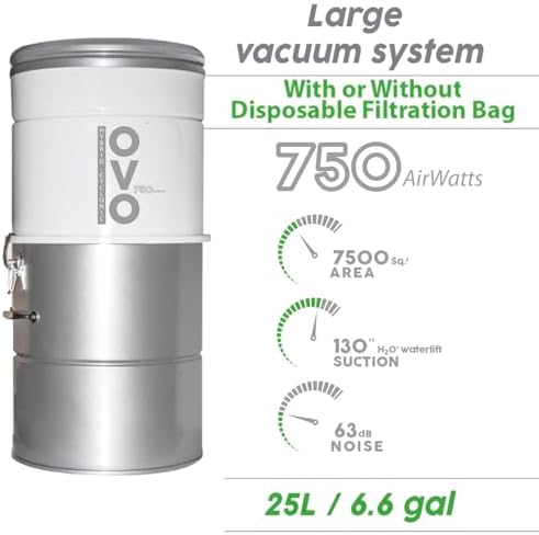 OVO 700 Airwatts Large and Powerful Central Vacuum System, Hybrid Filtration (with or Without Disposable Bags) 25L or 6.6 Gal, 35ft Carpet Deluxe Accessory Kit Included - Image 2