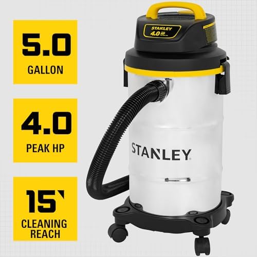 STANLEY Wet Dry Vacuum 5 Gallon with 4 HP Powerful Motor Suction,Stainless Steel Shop Vacuum Portable Wet Dry Vac for Jobsite, Workshop, Garage, Basement SL18130 - Image 5