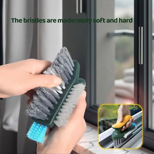 Multifunctional Tile Grout Cleaning Brush with V-Shaped Bristles, 180° Rotating Head, Rubber Wiper Strip, Green and Yellow - Image 4