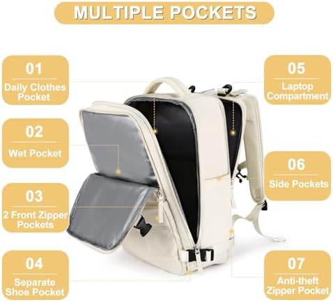 Beige Large Travel Backpack For Women Men Airline Approved Personal Item Backpack For Airlines Carry On Backpack Flight Approved Waterproof Backpack For Traveling On Airplane Weekender Travel Bag - Image 3