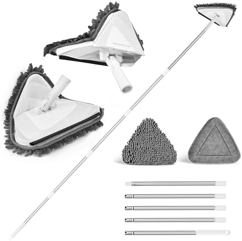 JEHONN Wall Mop with Long Handle 80 inches, Upgraded 180° Collapsible Baseboard Cleaner Tool with Squeegee, Ceiling Duster with 1 Microfiber and 1 Chenille Pad for Cleaning Window, Cabinet (White) by JEHONN