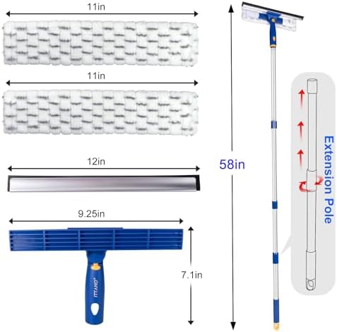 Squeegee for Window Cleaning with Extendable Pole, 53" 2-in-1 Window Cleaning Tool Kit, Shower Squeegee with Long Handle, Indoor/Outdoor High Window Cleaning-Two Pads - Image 2
