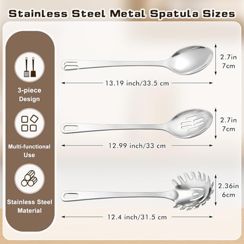 3 Pcs Stainless Steel Cooking Utensils Set, Heat Resistant Kitchen Utensils, Metal Kitchen Tools Include Solid & Slotted Spoon, Pasta Server, Ergonomic Handle, Dishwasher Safe, Easy to Clean, Silver - Image 7