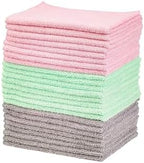Amazon Basics Microfiber Cleaning Cloths, Ultra-Soft and Highly Absorbent, Streak-Free, Lint-Free, Scratch-Free, Washable, for Car Detailing and Glass Cleaning, 16" x 12", Green/Gray/Pink, 24-Pack by AmazonBasics