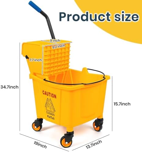 35 Qt Commercial Mop Bucket with Side Press Wringer on Wheels, Industrial Mop and Bucket Set with 6 Heavy Duty Mop Heads, Rectangular Janitorial Supplies for Restaurant, Hotel, School, Office & Home - Image 3