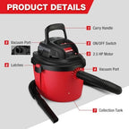 Shop-Vac 2.5 Gallon 2.5 Peak HP Wet/Dry Vacuum, Portable & Compact 2036000 - Image 5