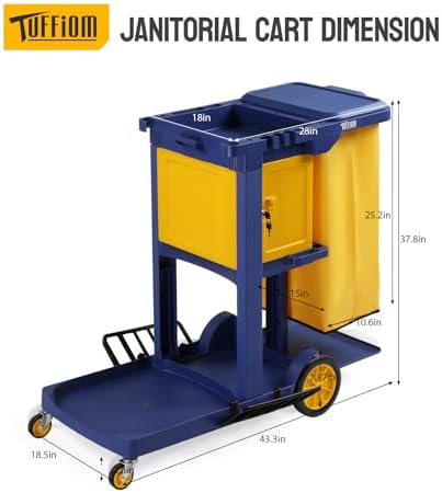 TUFFIOM Multifunctional Janitorial Cart with Key-Locking Cabinet,Cleaning Carts on Wheels,with 15 Gallon Collection Bag,500 lbs Capacity, Yellow&Blue - Image 5