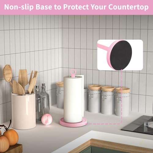 Pink Paper Towel Holder Countertop, Pink Kitchen Accessories Decor, Stainless Steel, Paper Towel Stand Holder for Bathroom Farmhouse Essentials with Weighted Base - Image 4