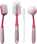 Dish Brush Set of 4 - Kitchen Scrub Brushes with Non-Slip Long Handle for Cleaning, Scrubber, Dishwashing, Dishes, Bottles, Straws, Cups, Pots & Sink, Red by TrazonProducts