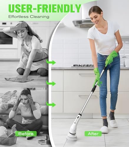Electric Spin Scrubber, 3-Speed Flat End Brush with 8 Brush Heads & Base, Adjustable Long Handle, Digital Display, 2500mAh Fast Charging, for Bathroom, Tub, Tile, Floor（White - Image 4