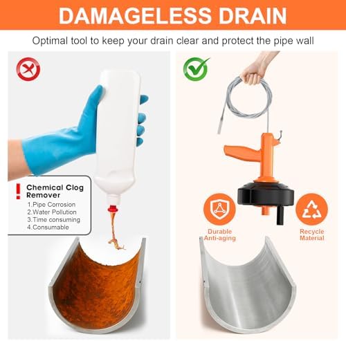 Drain Snake, Auto Feed Plumbing Snake with Drill Adaptor, 25 Feet Drain Auger Tool Set Included Drain Clog Remover, Hair Clog Remover ＆ Cleaning Brush for Kitchen, Bathroom and Shower Sink with Gloves - Image 6