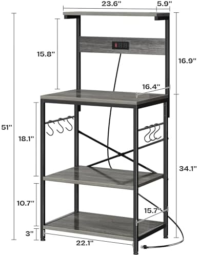 SUPERJARE Kitchen Bakers Rack with Power Outlet, Coffee Bar Table 4 Tiers, Kitchen Microwave Stand with 6 S-Shaped Hooks, Storage Shelf Rack for Spices, Pots and Pans - Charcoal Gray - Image 6