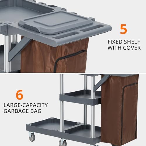 Commercial Janitorial Cleaning Cart on Wheels - Black Housekeeping Caddy with Cover, Shelves and Vinyl Bag - Image 3