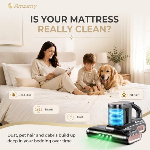 Amzany Cordless Mattress Vacuum Cleaner, 18Kpa Bed Vacuum with 253.7nm UV-C Light & Ultrasonic, 52800 BPM Tapping, 3-Stage HEPA, Green Light Dust Detection for Bed Sofa Couch Crib Pet Hair - Image 2