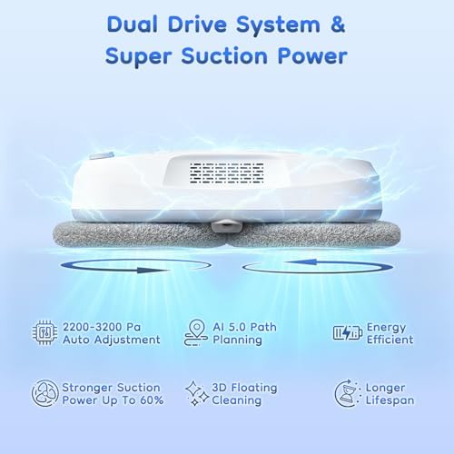 2026 Updated Window Cleaning Robot - Enhanced Battery, Max 6400Pa, Path Planning, Anti-Slipping, Edge Detection, Window Cleaner Robot for High-Rise Windows (2 pairs of nozzles, 10 cloths) (White) - Image 2