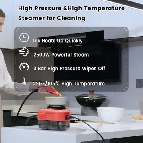 Steam Cleaner, Portable Pressurized Steamer for Cleaning with 14pcs Accessories, 6-Level Adjustable and 15s Heat-Up, Handheld Steam Cleaner for Home, Tile, Dirt, Grout, Grease, Car Detailing (5-Red) - Image 2