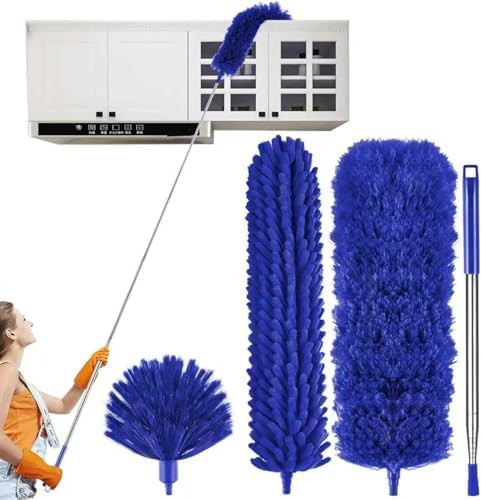 4 Pcs Microfiber Cobweb Duster with 100-inch Extendable Pole, Washable and Reusable Feather Cleaning Duster Kit with 3 Duster Heads,Dusters for Cleaning with Telescopic Pole for High Ceiling Fan,Blue by Unknown