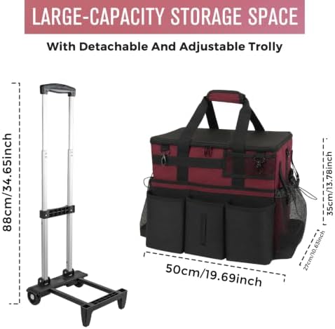 SCAVATA Rolling Cleaning Caddy Bag with Detachable Trolley, Large Cleaning Supplies Organizer with Wheels, Multi-Pocket Cleaning Cart with Adjustable Shoulder Strap for Housekeepers (Magenta) - Image 5