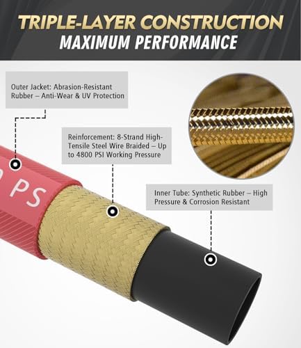 3/8" 4800PSI Pressure Washer Hose 100FT with 360° Swivel Quick Connect, Flexible & Kink Resistant Steel Wire Braided & Durable for Hot/Cold Water, High Power Washer Hose With M22 14mm Adapter - Image 4