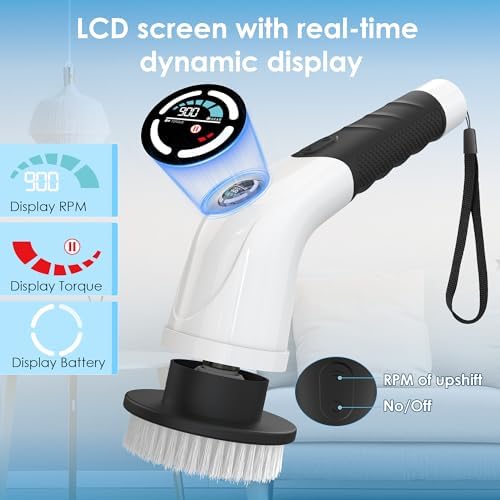 Electric Spin Scrubber, Cordless Cleaning Brush with 180 Min Runtime, 3-Speed, 7 Replaceable Brush Heads & Long Detachable Handle, LCD Display (RPM/Torque/Battery), for Bathroom, Kitchen, Tile - Image 2