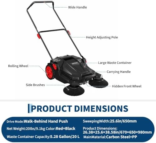 Walk Behind Floor Sweeper 25.6in Width 5Gallon Bin - Image 4