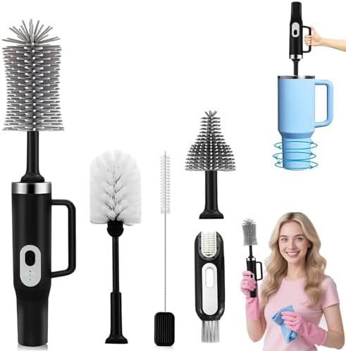5 in 1 Electric Bottle Brush Cleaner Compatible Stanley Bottle Brush Straw Cleaner Multifunction Rechargeable IPX6 Waterproof Extra Long Design for Stanley Cup, Sports Bottle and More (Black) by Keoshiga