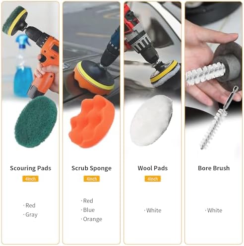 22 Pcs Drill Attachments Set, Scrub Pads & Sponge & Wire Brush, Power Scrubber with Extend Long Attachment, Drill Scrubber Brush Kit for Bathroom, Floor, Car, Grout - Image 5