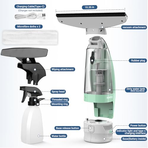 Kiato Window Vacuum Squeegee Cordless, Electric Window Vac, Rechargeable Window Cleaner with Spray Bottle, for Cleaning Windows, Mirrors, Glass, 2200mA, WC10 - Image 6