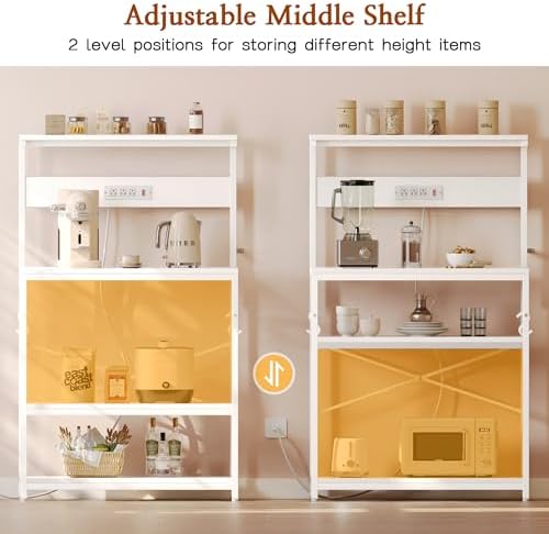 SUPERJARE Bakers Rack with Power Outlets, Microwave Stand, 31.5 X 16.5 Inch Larger Desktop, Kitchen Storage Rack with Adjustable Middle Shelf, 6 S-Shaped Hooks, Coffee Bar Stand, White - Image 4