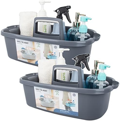 Large Cleaning Supplies Caddy Portable Shower Basket Supply Organizer with Handle Plastic Bucket Tool Storage for Bathroom, Bedroom, Kitchen, College Dorm, Garden, Dark Gray 2 Pack by JiatuA