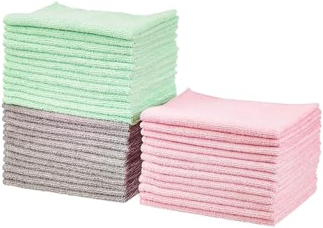 Amazon Basics Microfiber Cleaning Cloths, Ultra Absorbent, Scratch Free, Non-Abrasive, Reusable and Washable, All-Purpose, Car Detailing, 16" x 12", Green/Gray/Pink, 36-Pack by AmazonBasics