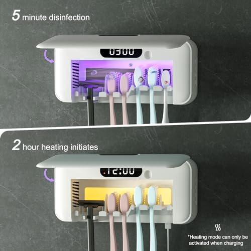 UV Toothbrush Sanitizer and Holder for Bathroom, 5 Toothbrush Slots for Family with Fan and PTC Heat Drying, Type-C Charging, No-Drill Wall Mount - Image 4
