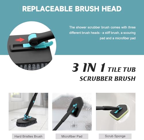 nacena Shower Scrubber with Long Handle, 4 in 1 Tile Tub Scrubber Brush with 3 Detachable Cleaning Shower Heads and Floor Squeegee Shower Cleaner Brush for Bathroom Kitchen Tub Sink Floor, Black - Image 4