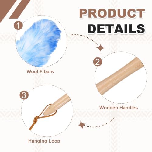 uxcell Wool Duster, 24.4" Natural Feather Cleaner Household Cleaning Duster with Solid Wooden Handle for Cleaning Fans Window Blinds Shelves Furniture, White Blue - Image 3