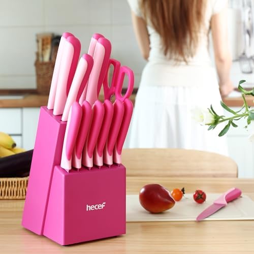 hecef 15 Pieces Kitchen Knife Set with Built-in Sharpening Wooden Block, Dishwasher Safe, High Carbon Stainless Steel Knife Block Set with Steak Knives, Kitchen Scissors, Hot Pink - Image 6