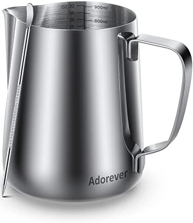 Milk Frothing Pitcher, 32oz Steaming Pitcher Stainless Steel Espresso Machine Accessories for Coffee Bar, Cappuccino Barista Tools Milk Jug Steamer Frother Cup with Decorating Latte Art Pen by Adorever
