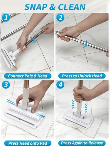 Snap Grip Mini Mop with 20 Reusable Cloths, 50 Inch Adjustable Hands Free Flat Mop, Cloth Clip Lazy Mops with Wall Hook for Wet Dry Cleaning Floors Walls Kitchen Bathroom Corners - Image 6