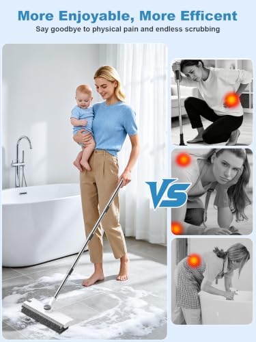 Floor Scrub Brush with Long Handle, 4 in 1 Shower Scrubber with Floor Squeegee and Heavy-Duty Stiff Bristle Push Broom for Cleaning Shower Bathroom Patio Pool Kitchen Wall Deck Tile Garage - Image 2
