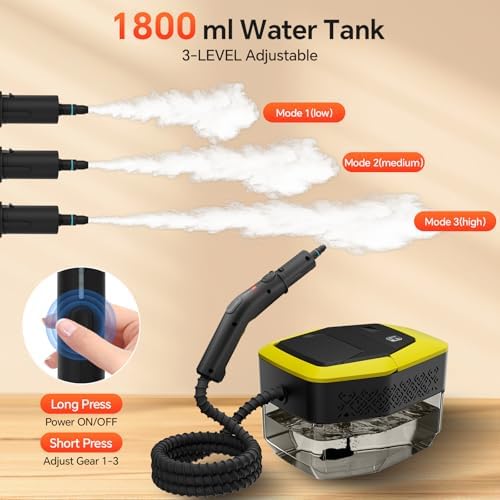 Heapsion Steam Cleaner, Steamer for Cleaning with 15s Fast Heat-Up, 6 Adjustable Levels, 12-Piece Accessories, 1500W Portable Steam Cleaner for Grout, Tiles, Kitchen, Car Detailing, Yellow - Image 3