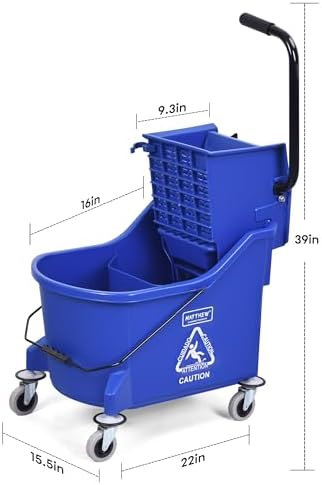Matthew Cleaning Blue 44Quart Commercial Mop Bucket INCL.Wet String Mop& 19'' Industrial Wet Floor Sign with Side Press Wringer On Wheels,Tandem Portable Floor Cleaning Wavebrake,Ideal for Household - Image 7