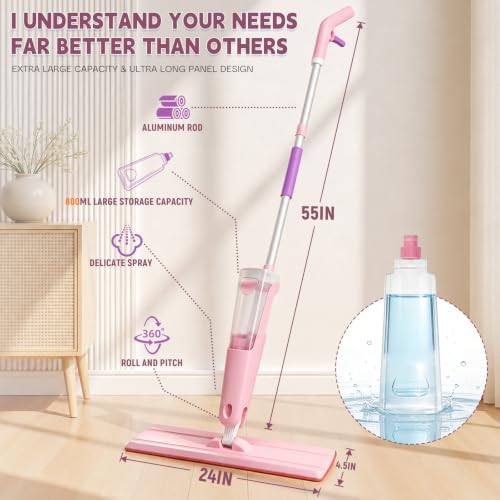 24" Spray Mop Wet Dry Heavy Duty 28oz 55" Handle 2 Pads (Pink, 24inch) - Image 2