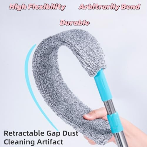 Flat Duster for Under Appliances Cleaning Tool with 4 Microfiber Dusting Cloths, Flat Duster with Extension Pole, Retractable Gap Dust Cleaning Artifact, Bendable Microfiber Duster Mop (1) - Image 5