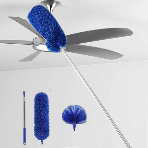 Cobweb Duster with Extension Pole, Ceiling Cob Web Cleaner Kit with 2 Duster Heads, 15-100 Inch Telescopic Microfiber Cleaning Duster, Long Corner Duster Tool for High Walls, Fans, Blinds Blue by Phonecasewithkickstand