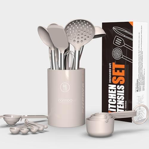 oannao Large Silicone Cooking Utensils Set - Heat Resistant Kitchen Utensils,Turner Tongs,Spatula,Spoon,Brush,Whisk,Stainless Steel Cooking Tool for Nonstick Cookware,Dishwasher Safe (Khaki) - Image 4