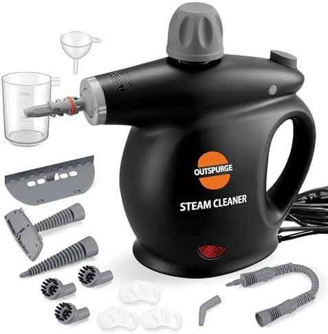 Handheld Steam Cleaner, Pressurized Multi-Surface Steam Shot with 13 Accessories, Safety Lock, Steamer for Cleaning Floor, Upholstery, Grout, Windows, Couch and Car (Black) by OUTSPURGE