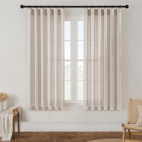 Linen Textured Curtains 63 Inch Length Semi Sheer Linen Small Drapes by DUKIYO