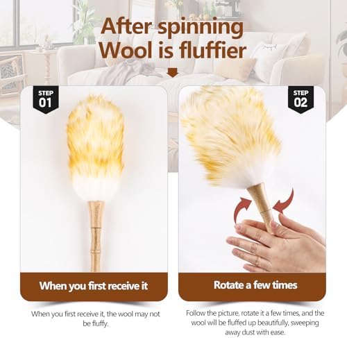 Lambswool Duster for Cleaning with Solid Wooden Handle Leather Hang Strap 14.9 inch Natural Feather Duster for Cleaning Ceiling Fans Window Blinds Computer Furniture(2 Pack) - Image 4